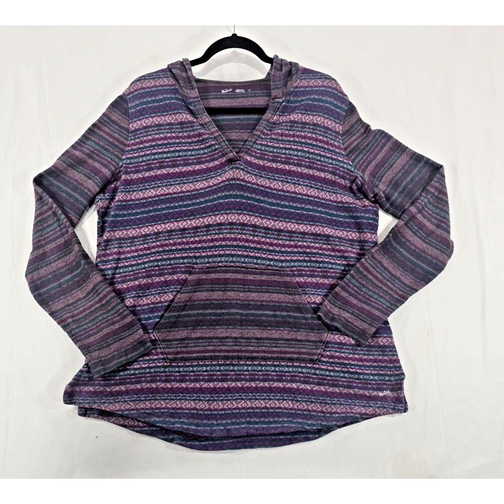 Woolrich Cotton Hooded Pullover Top L Purple Geometric Striped Hoodie Fall Layer